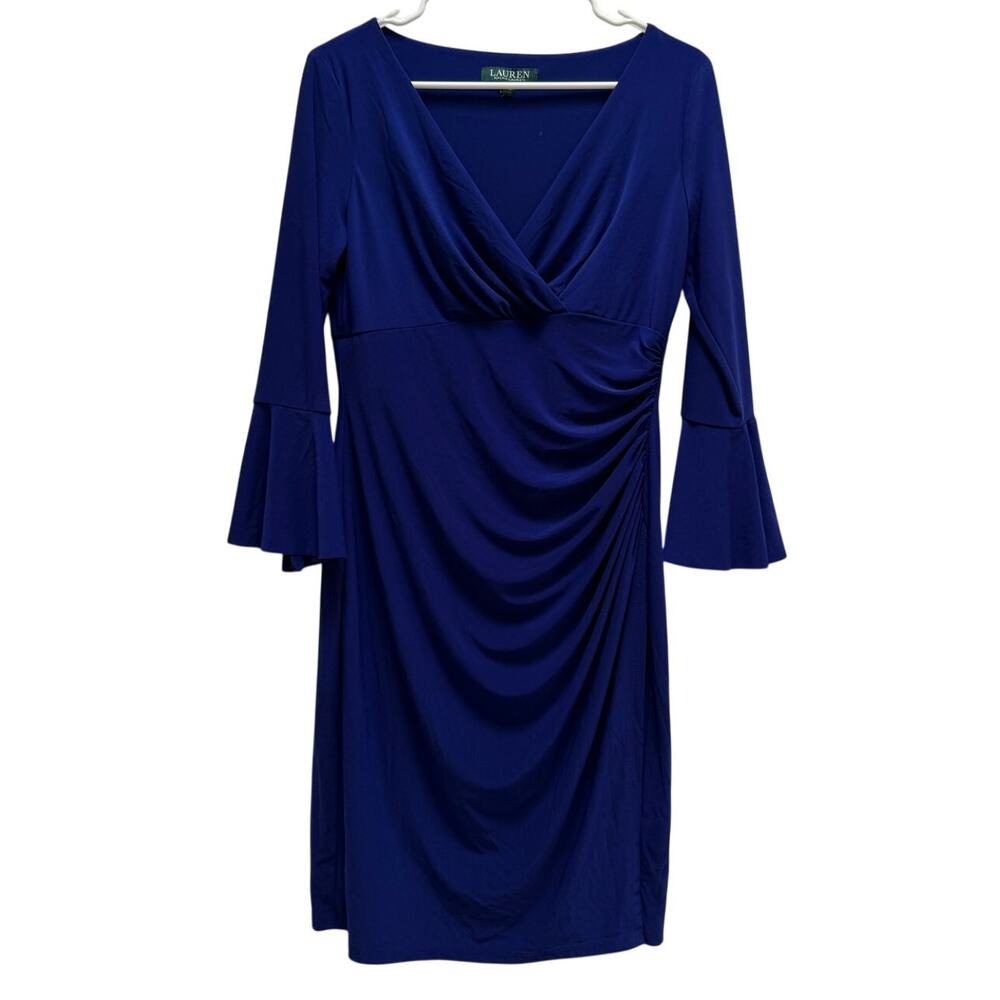 Lauren Ralph Lauren Bell Sleeve Ruched Cocktail Dress Womens 10 Blue Formal Gala